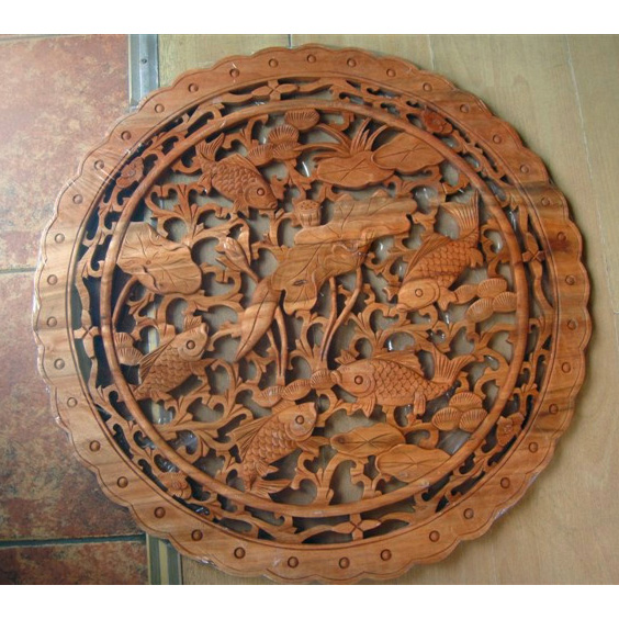 鲤鱼图案圆形挂件实木雕刻仿古挂件工艺品壁挂挂饰家居